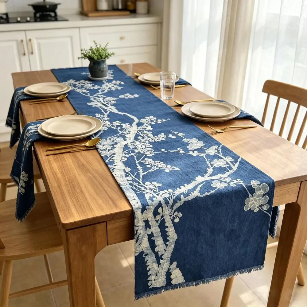 Handmade Indigo Batik Table Linen Set– Plum Blossom Runner, Placemats & Coasters